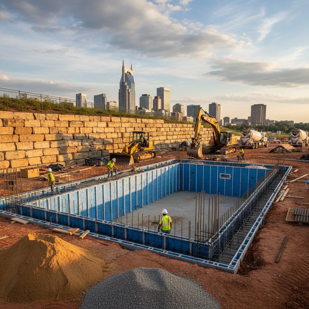 ICF pool construction site showing foam block walls and steel reinforcement in Nashville Tennessee backyard