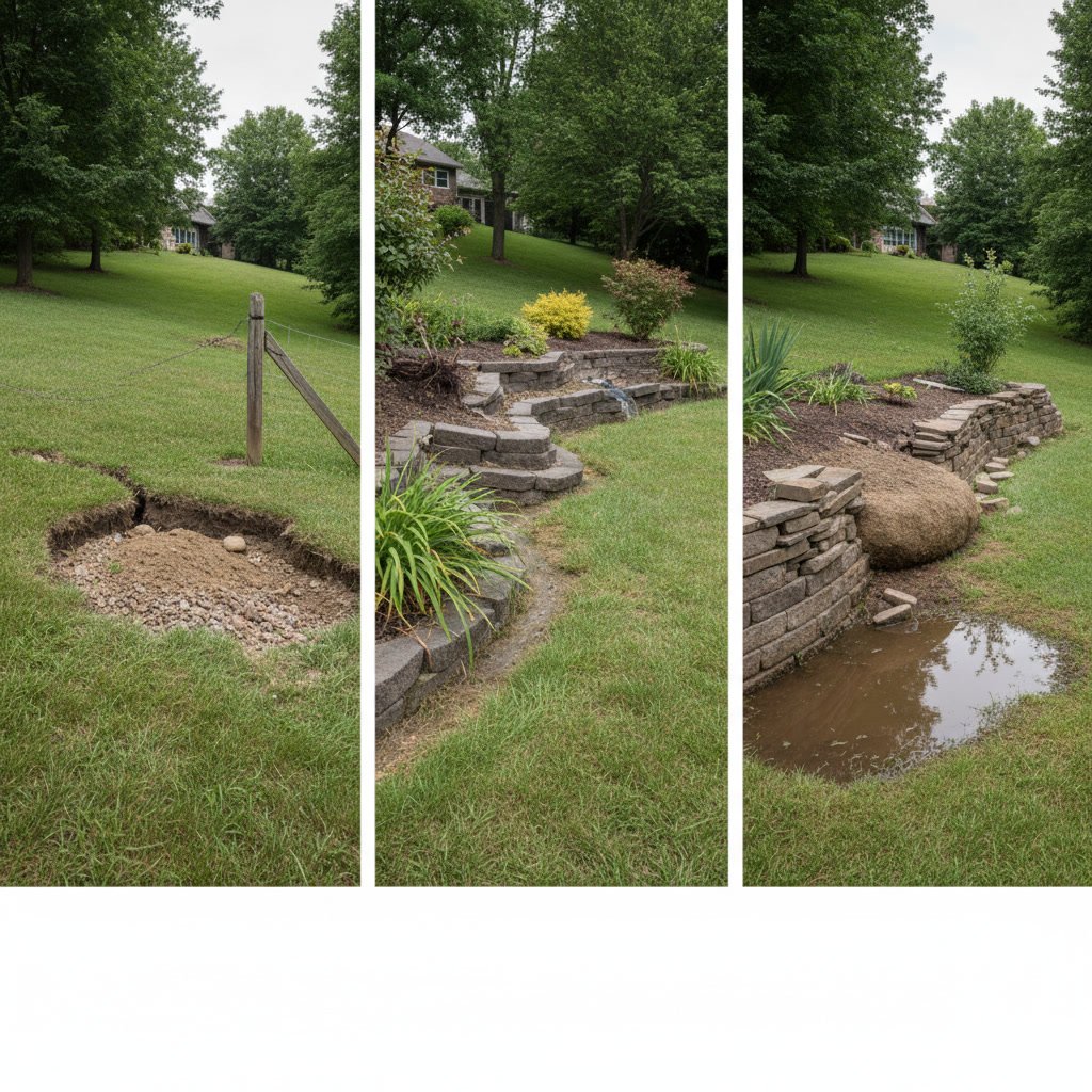 Sloped backyard with grade measurement showing elevation change before pool construction