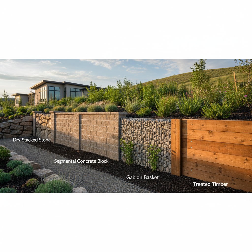 Segmental block retaining wall supporting a pool installation on sloped terrain