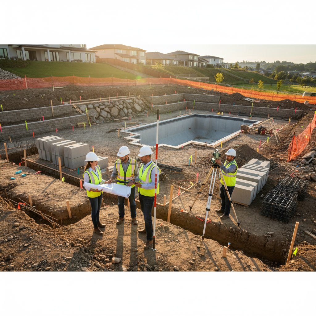 Engineering plans for retaining wall and pool construction on a sloped property