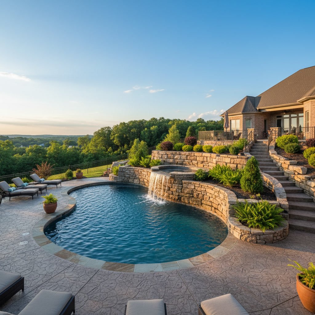Custom pool with retaining wall on sloped backyard in Smyrna Tennessee