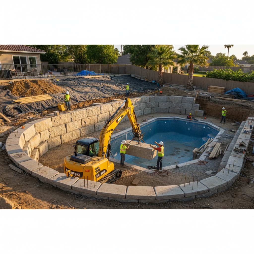 Retaining wall construction in progress for a custom backyard pool project in Greater Nashville