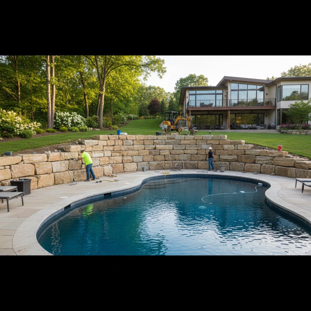Sloped backyard with retaining wall preparation before pool construction in Nashville Tennessee