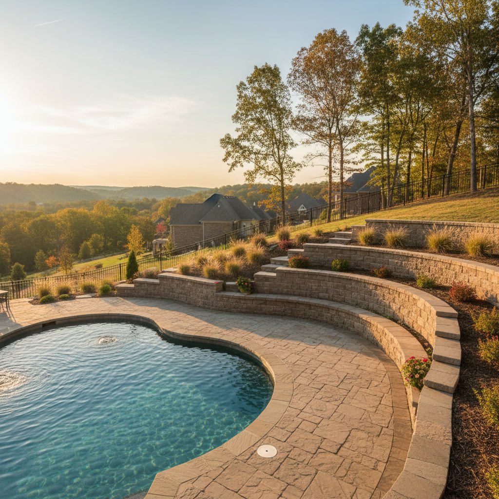 Multi-tier retaining wall system supporting pool terrace and patio on hillside property
