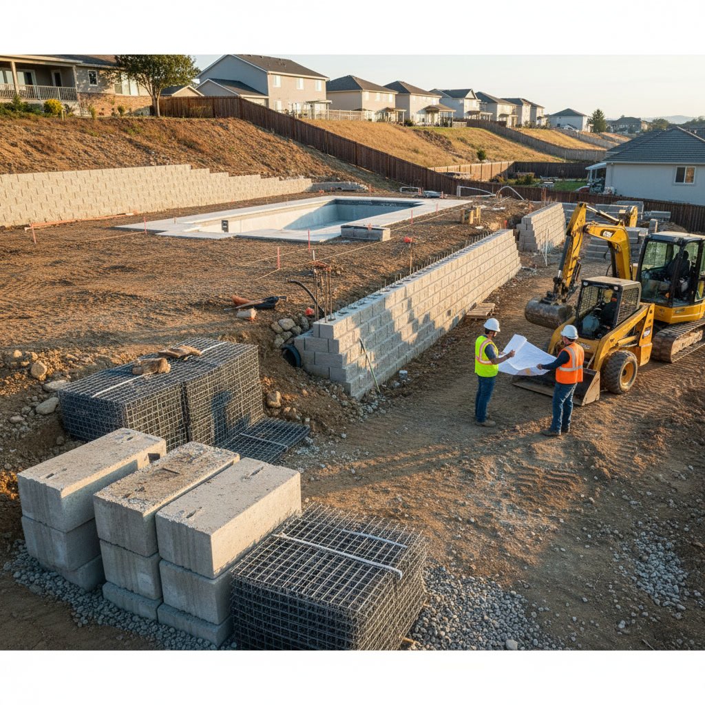 Engineered retaining wall with drainage system supporting backyard pool terrace