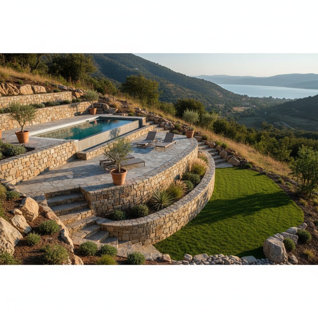 Terraced backyard with retaining wall and custom pool built on sloped property